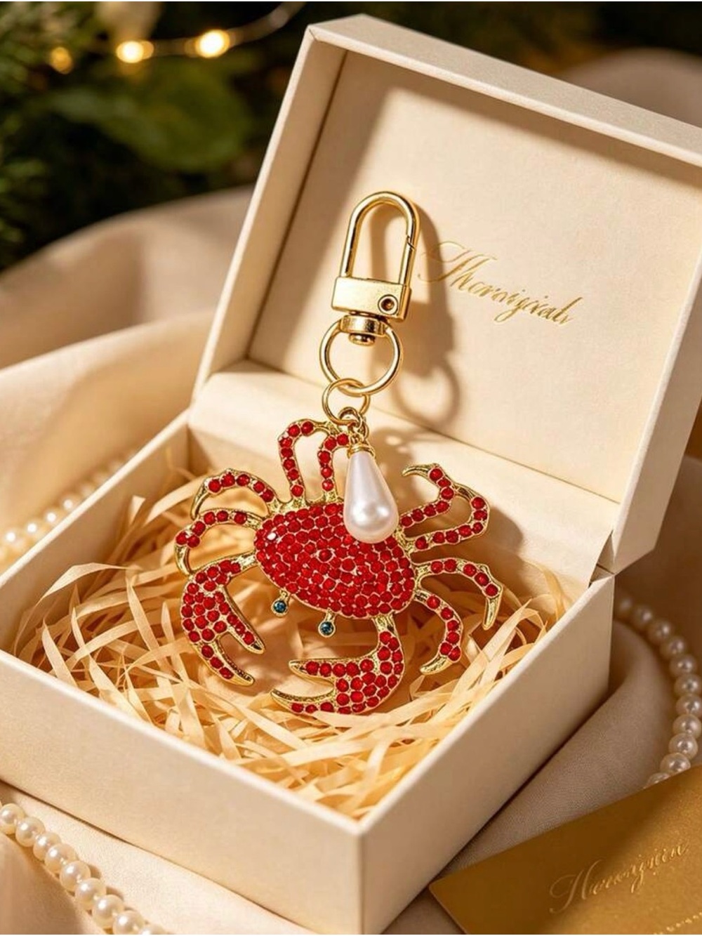 Gold-Tone Red Crystal Crab Bag Charm with Pearl Accent - Picture 6 of 8